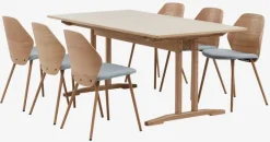 AALBORG + HORNE Spisebordssæt|AALBORG L180/270 bord eg + 4 HORNE stole lysegrå