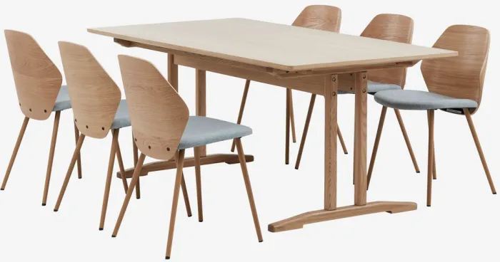 AALBORG + HORNE Spisebordssæt|AALBORG L180/270 bord eg + 4 HORNE stole lysegrå