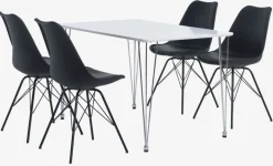 BANNERUP + KLARUP Spisebordssæt|BANNERUP L120 bord hvid + 4 KLARUP stole sort