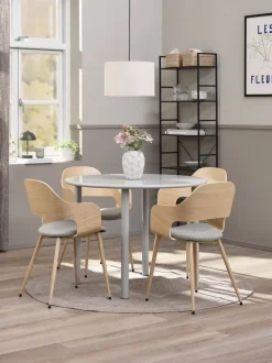 HANSTED + HVIDOVRE Spisebordssæt|HANSTED Ø100 bord grå + 4 HVIDOVRE stole lys eg