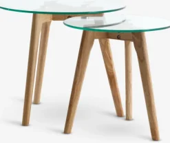FALSLED Hjørneborde|Sofaborde|Indskudsborde Ø50/40 glas/eg 2 stk.