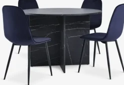 KRONDAL + BISTRUP Spisebordssæt|KRONDAL Ø110 bord marmor + 4 BISTRUP mørkeblå velour