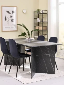 KRONDAL + BISTRUP Spisebordssæt|KRONDAL L180 bord marmor + 4 BISTRUP mørkeblå velour