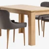 LINTRUP + PEBRINGE Spisebordssæt|LINTRUP L140 bord eg + 4 PEBRINGE stole grå velour