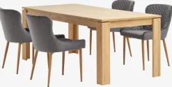 LINTRUP + PEBRINGE Spisebordssæt|LINTRUP L190/280 bord eg + 4 PEBRINGE grå velour
