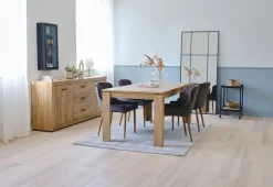 LINTRUP + PEBRINGE Spisebordssæt|LINTRUP L190/280 bord eg + 4 PEBRINGE grå velour