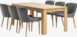 LINTRUP + PEBRINGE Spisebordssæt|LINTRUP L190/280 bord eg + 4 PEBRINGE grå velour