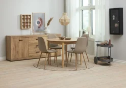 MARSTRAND + BISTRUP Spisebordssæt|MARSTRAND Ø110 bord eg + 4 BISTRUP stole sand