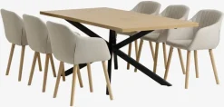 NORTOFT + ADSLEV Spisebordssæt|NORTOFT L200 bord eg + 4 ADSLEV stole beige stof