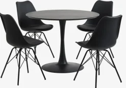 RINGSTED + KLARUP Spisebordssæt|RINGSTED Ø100 bord sort + 4 KLARUP stole sort