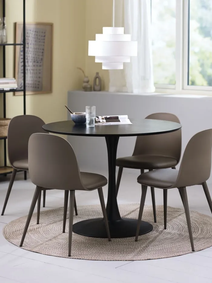 RINGSTED + ULDAL Spisebordssæt|RINGSTED Ø100 bord sort + 4 ULDAL stole brun