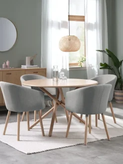 SKIBET + KLOSTER Spisebordssæt|SKIBET Ø120 bord lys eg + 4 KLOSTER stole lysegrå/eg