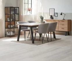 SKOVLUNDE + RISSKOV Spisebordssæt|SKOVLUNDE L200 bord eg natur + 4 RISSKOV stole lysegrå