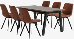 SKOVLUNDE + HYGUM Spisebordssæt|SKOVLUNDE L160 bord mørk eg + 4 HYGUM stole cognac