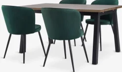 SKOVLUNDE + RISSKOV Spisebordssæt|SKOVLUNDE L160 bord mørk eg + 4 RISSKOV stole mørkegrøn