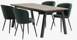 SKOVLUNDE + RISSKOV Spisebordssæt|SKOVLUNDE L200 bord mørk eg + 4 RISSKOV stole mørkegrøn