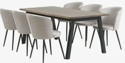 SKOVLUNDE + RISSKOV Spisebordssæt|SKOVLUNDE L200 bord mørk eg + 4 RISSKOV stole lysegrå