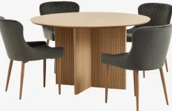 VESTERBORG + PEBRINGE Spisebordssæt|VESTERBORG Ø130 bord eg + 4 PEBRINGE stole grå velour