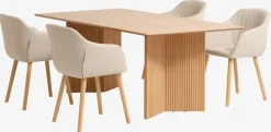 VESTERBORG + ADSLEV Spisebordssæt|VESTERBORG L200 bord eg + 4 ADSLEV stole beige