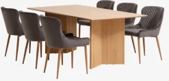 VESTERBORG + PEBRINGE Spisebordssæt|VESTERBORG L200 bord eg + 4 PEBRINGE stole grå velour