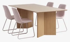 VESTERBORG + SEJLSTRUP Spisebordssæt|VESTERBORG L200 bord eg +4 SEJLSTRUP stole lys rosa