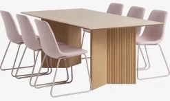 VESTERBORG + SEJLSTRUP Spisebordssæt|VESTERBORG L200 bord eg +4 SEJLSTRUP stole lys rosa